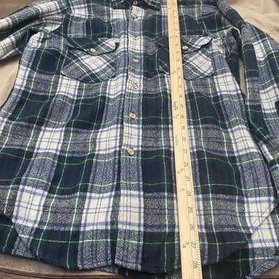 VTG 90s Woolrich Plaid Flannel Shirt Jacket Navy Green L USA Flannel Heavy - Thumbnail 5