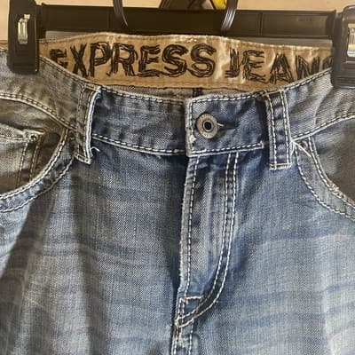 Express Jeans Mens 33x32 Blue Kingston Classic Boot Cut Faded Grunge Denim Pants - Thumbnail 3