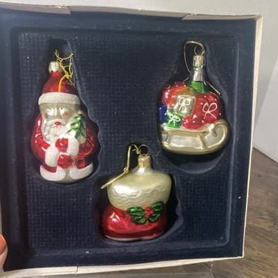 Christmas Ornaments Set Of 3 Vintage Glass Santa Stocking & Sleigh 1990s-2000s - Thumbnail 3