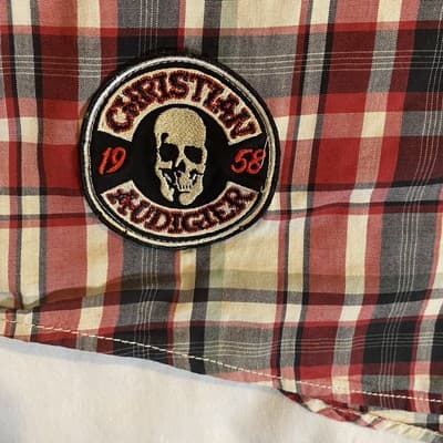 Christian Audigier Button up Mens Medium M Plaid Skull Patch Biker Red - Thumbnail 3