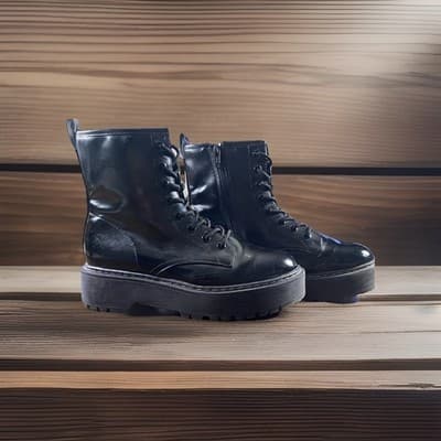 Black Vegan Patent Leather Combat Boots Goth Punk Thrashed Dark Fairy Platform 8 - Thumbnail 3