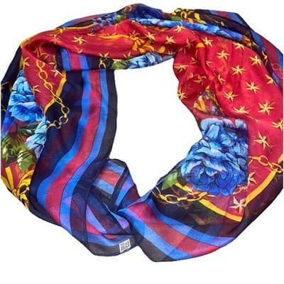Silk Blend Scarf Blue Red Gold Floral 76”x 44”luxury Classic - Thumbnail 3