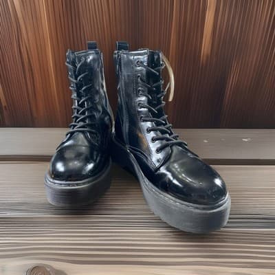 Black Vegan Patent Leather Combat Boots Goth Punk Thrashed Dark Fairy Platform 8 - Thumbnail 2
