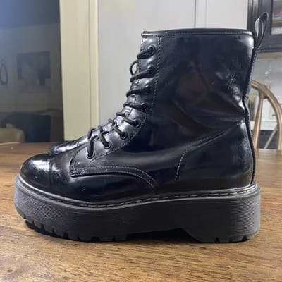 Black Vegan Patent Leather Combat Boots Goth Punk Thrashed Dark Fairy Platform 8 - Thumbnail 5