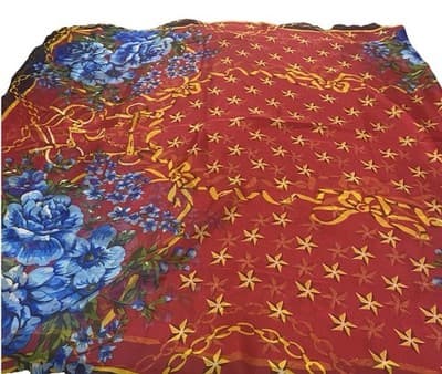 Silk Blend Scarf Blue Red Gold Floral 76”x 44”luxury Classic - Thumbnail 4