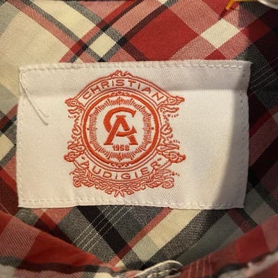 Christian Audigier Button up Mens Medium M Plaid Skull Patch Biker Red - Thumbnail 5
