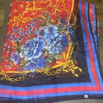 Silk Blend Scarf Blue Red Gold Floral 76”x 44”luxury Classic - Thumbnail 2