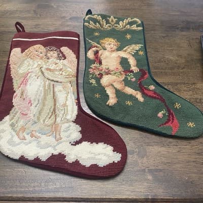 2 Lined Needlepoint Christmas Stockings Velvet Back Cranberry & Green Holiday - Thumbnail 2