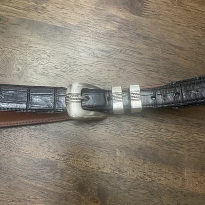 Jos A Banks 1inWide Western Style Italian Leather Belt Black Silver Tone Buckle - Thumbnail 3