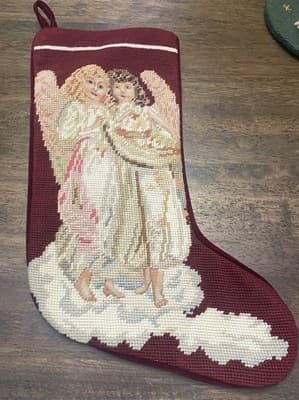 2 Lined Needlepoint Christmas Stockings Velvet Back Cranberry & Green Holiday - Thumbnail 3