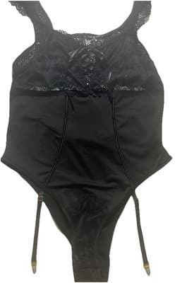 Lace-Up Lingerie Black Lace Bodysuit With Stocking Garters - Thumbnail 8