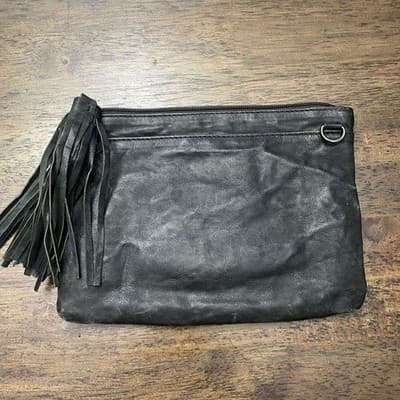 Evoke Womens Victoria Black Leather Agate Stone Clutch Bag Tassel - Thumbnail 2