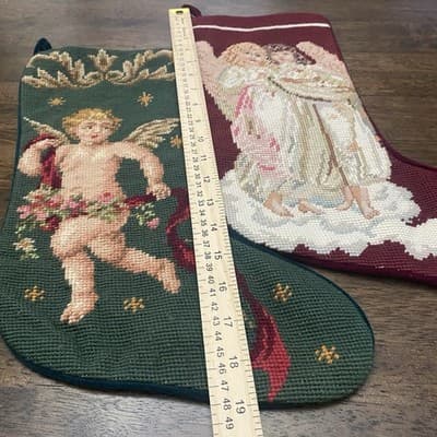 2 Lined Needlepoint Christmas Stockings Velvet Back Cranberry & Green Holiday - Thumbnail 6
