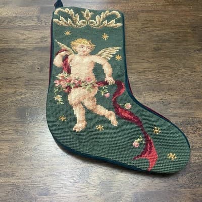 2 Lined Needlepoint Christmas Stockings Velvet Back Cranberry & Green Holiday - Thumbnail 4