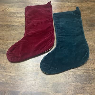 2 Lined Needlepoint Christmas Stockings Velvet Back Cranberry & Green Holiday - Thumbnail 5
