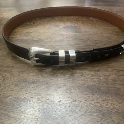 Jos A Banks 1inWide Western Style Italian Leather Belt Black Silver Tone Buckle - Thumbnail 4
