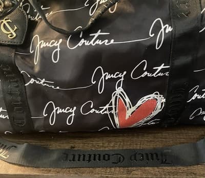 Juicy Couture Weekend Duffle Bag Carry On Black White Red Heart 18x12 - Thumbnail 3