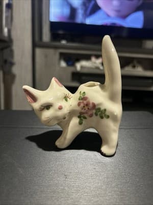 Vintage Glazed Pottery Cat Kitten- Pin Cushion, Ring Holder, Q Tip, Floral - Thumbnail 6