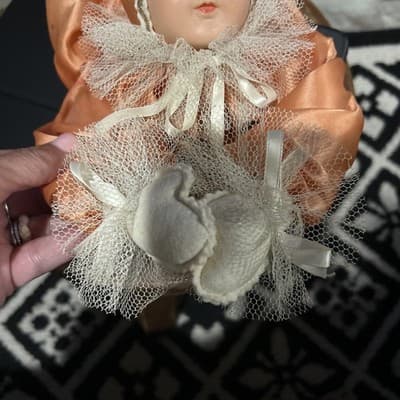 Large Vintage Coral Kewpie Laying Clown Doll Celluloid Face Hand Painted - Thumbnail 4