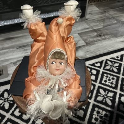 Large Vintage Coral Kewpie Laying Clown Doll Celluloid Face Hand Painted