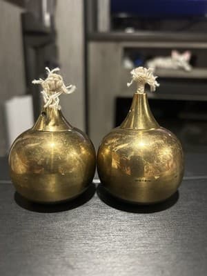 Two vintage Svend Jensen solid brass teardrop candles oil lamps mcm labels - Thumbnail 2