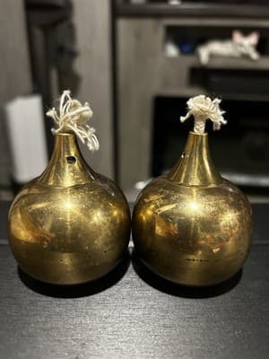 Two vintage Svend Jensen solid brass teardrop candles oil lamps mcm labels - Thumbnail 3