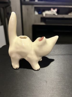 Vintage Glazed Pottery Cat Kitten- Pin Cushion, Ring Holder, Q Tip, Floral - Thumbnail 3