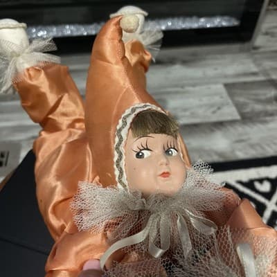 Large Vintage Coral Kewpie Laying Clown Doll Celluloid Face Hand Painted - Thumbnail 2