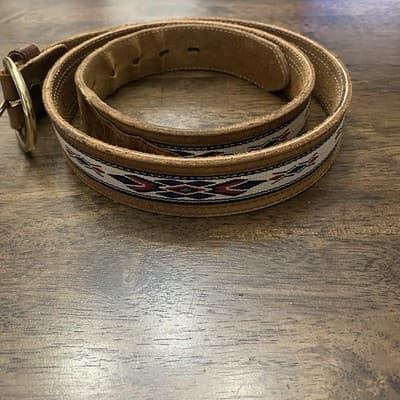 Western Leather Belt Southwest Woven Inlay Brass Style Buckle Cowboy Tribal 90s - Thumbnail 3