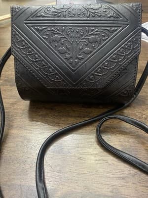 Vintage MOROCCAN MAGIC Black EMBOSSED Leather Small Boho Crossbody Y2K Bag Purse