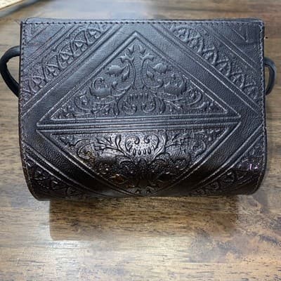 Vintage MOROCCAN MAGIC Black EMBOSSED Leather Small Boho Crossbody Y2K Bag Purse - Thumbnail 2