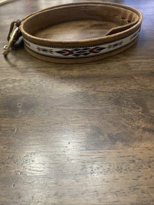 Western Leather Belt Southwest Woven Inlay Brass Style Buckle Cowboy Tribal 90s - Thumbnail 5