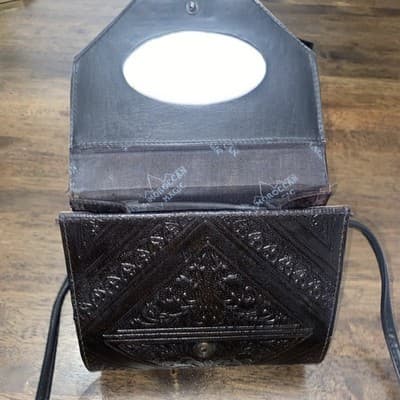 Vintage MOROCCAN MAGIC Black EMBOSSED Leather Small Boho Crossbody Y2K Bag Purse - Thumbnail 4