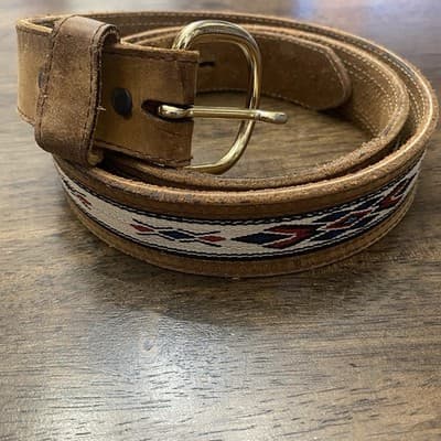 Western Leather Belt Southwest Woven Inlay Brass Style Buckle Cowboy Tribal 90s