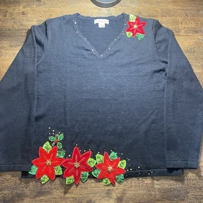 Bobbie Bell Black Christmas Poinsettia Sweater Size Large Holidays - Thumbnail 2