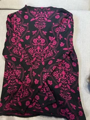 Chicos Cardigan Zip Up Sweater Sz 1 (8/10) Silk Blend Floral Pink Magenta Black - Thumbnail 2
