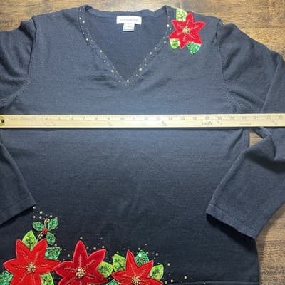 Bobbie Bell Black Christmas Poinsettia Sweater Size Large Holidays - Thumbnail 5
