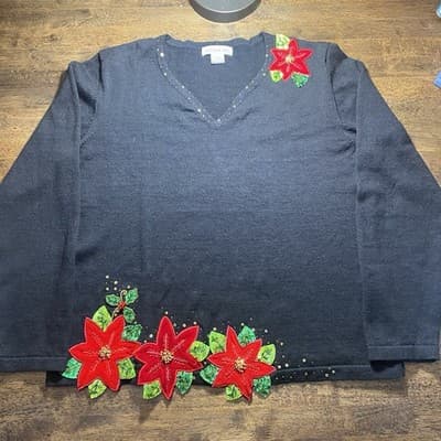 Bobbie Bell Black Christmas Poinsettia Sweater Size Large Holidays - Thumbnail 3