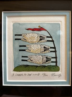 3 Sheeps To The Wind Art Painting Onion Creek Etching Signed Bandie - Thumbnail 2