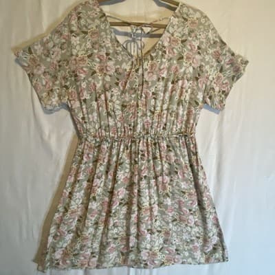 Pistachio Floral Mini Boho Bohemian Cottagecore Prairie Coastal Fairy Dress SzL - Thumbnail 3