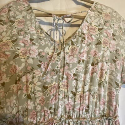 Pistachio Floral Mini Boho Bohemian Cottagecore Prairie Coastal Fairy Dress SzL - Thumbnail 4