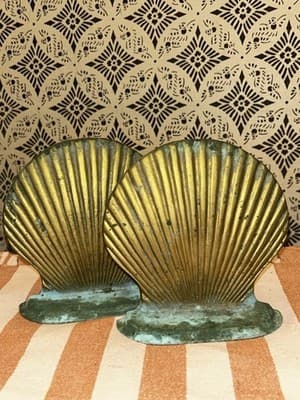 Brass Hollywood Regency Shell Beach Bookends Pair Scallop Solid Vintage