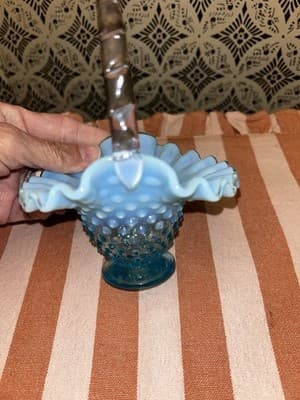 Fenton Blue Opalescent Hobnail Basket Blue Handle No Chips/Cracks EUC Vintage - Thumbnail 4