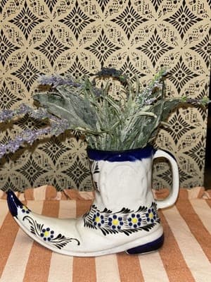 Pointed Boot Vase or Planter Glazed Figurine Mexican Boot With Faux Flowers - Thumbnail 3
