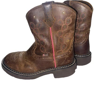 Justin Cowboy Cowgirl Western Boots Girls Brown Leather Pink Trim Sz 1D - Thumbnail 4