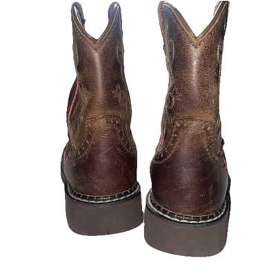 Justin Cowboy Cowgirl Western Boots Girls Brown Leather Pink Trim Sz 1D - Thumbnail 3