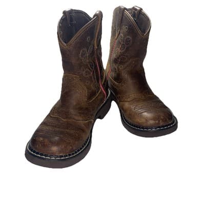 Justin Cowboy Cowgirl Western Boots Girls Brown Leather Pink Trim Sz 1D