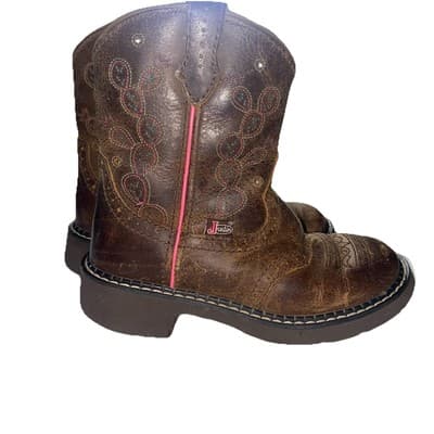 Justin Cowboy Cowgirl Western Boots Girls Brown Leather Pink Trim Sz 1D - Thumbnail 5
