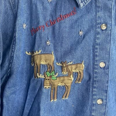 Christmas Denim Embroidery Santa & Reindeer Long Sleeves 2XL(20)Top Teachers - Thumbnail 3