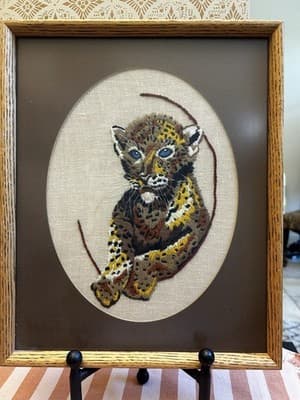 Framed Crewel Baby Tiger Cat Cub Safari 12.5”X 15” Handmade Vintage Needlepoint